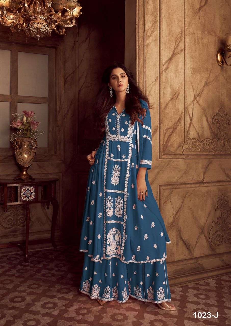 LAKHNAWI VOL 4 DARK COLOR HEAVY REYON WHITE THREAD EMBROIDERY WORK NAYRA CUT KURTI WITH PLAZZO AND NAZMIN DUPATTA BY VAMIKA BRAND 1023 J